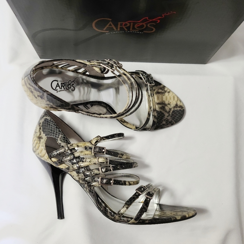 Carlos Santana Candy Black Grey Strappy Sandals Heels Shoes Pumps Women 7M Snake